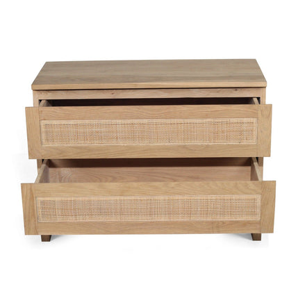 Close up of details on the Kiera American Oak Nightstand on a white background by Sun Republic