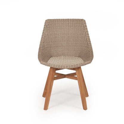 Woven chair with wooden legs on a white background