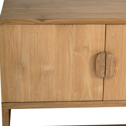 Close up product image of the Flynn solid teak entertainment unit on a white background from Sun Republic