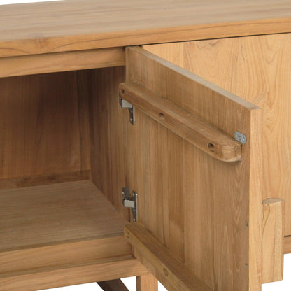 Product image of the Flynn solid teak entertainment unit on a white background from Sun Republic