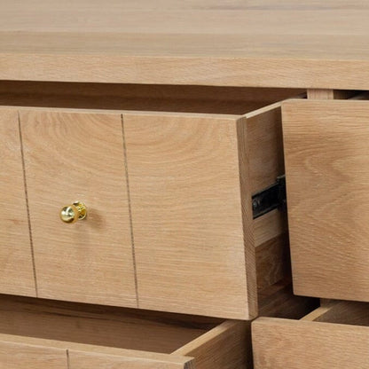 Close up details of the Freya American Oak chest of drawer on a white background by Sun Republic