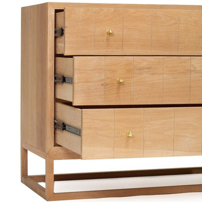 Close up details of the Freya American Oak chest of drawer on a white background by Sun Republic