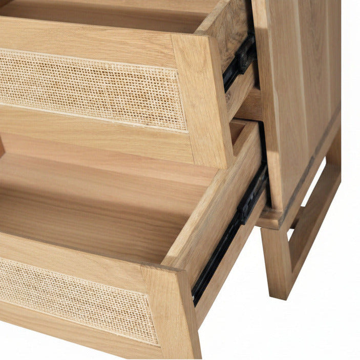 Close up of details on the Kiera American Oak Nightstand on a white background by Sun Republic