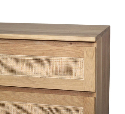 Close up of details on the Kiera American Oak Nightstand on a white background by Sun Republic