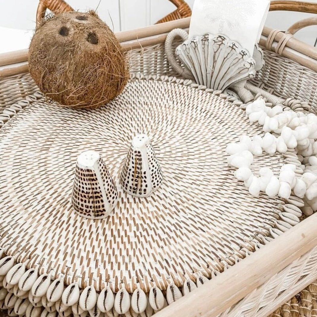 Natural Rattan Placemat With Cowrie Shell Border - Whitewash Sun Republic 