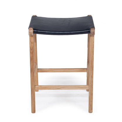 Otis Teak and Black Leather Saddle kitchen Stool from Sun Republic 
