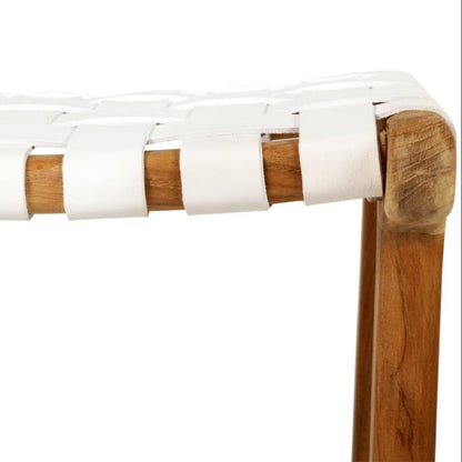 Otis Woven Leather & Teak Saddle Stool | White SUN REPUBLIC 