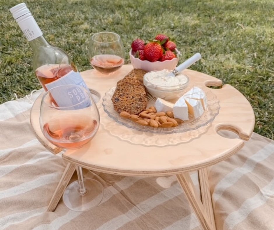 Portable Round Timber Picnic Table with Wine & Bottle Cut outs Sun Republic 