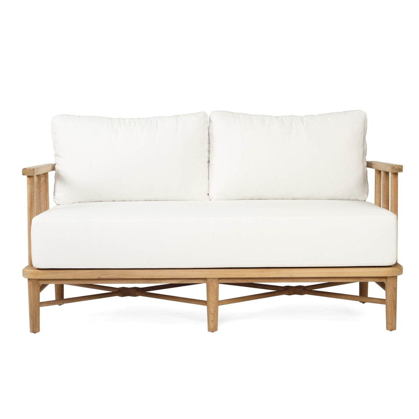 Wooden sofa with white cushions on a white background