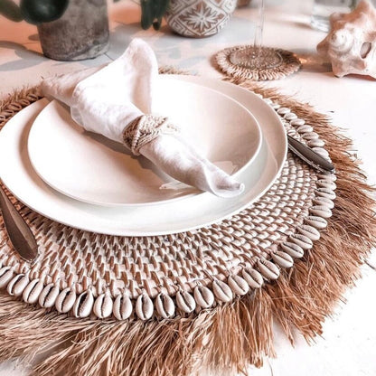 White Wash Rattan & Cowrie Shell Placemat